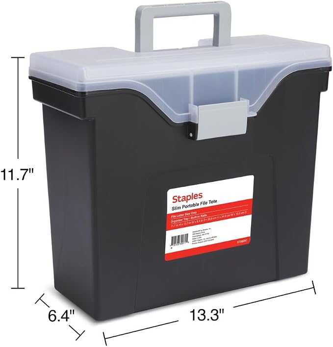 STAPLES Slim Portable File Tote, Letter Size, Black, 2/Pack | Lightweight storage tote for transporting and organizing hanging files.