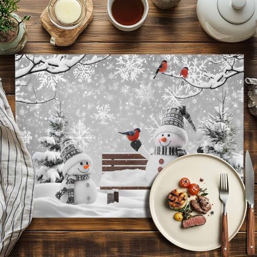 Winter Christmas Placemats Set of 6, Cute Snowman Cardinals Heat Resistant Washable Table Place Mats GreySnowy Pine Forest Cotton Table Linens Party Holiday Decor for Kitchen Dining Outdoor Indoor