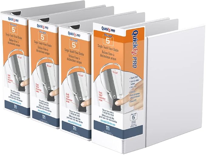 QuickFit PRO Heavy Duty Single Touch View Binder, D Ring, White, 4 Pack, 5 Inch