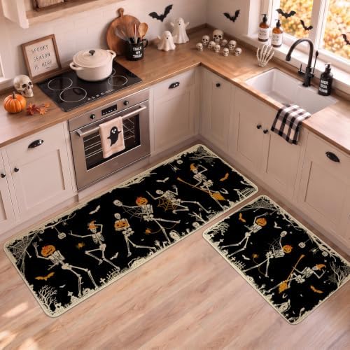 Halloween Kitchen Mat Decor, Skeleton Black Halloween Kitchen Rugs Set of 2