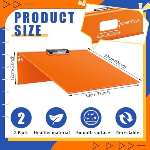 Pasimy 2 Pcs Slant Board Writing 13 x 13 Inch Heavy Duty Slanted Clipboard Sloped Acrylic Large Writing Board to Improve Handwriting Posture Reading Grasp for Back to School Office Supplies(Orange)