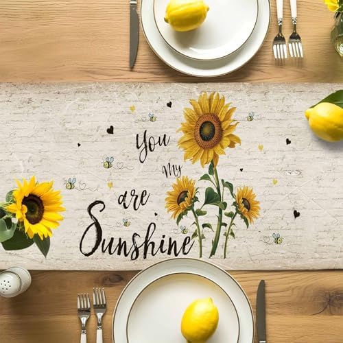 You are My Sunshine Table Runner Dresser Scarf 13 x 72 Inch Vintage Sunflowers Newspaper Texture Table Runners Non-Slip Heat Resistant Kitchen Dining Table Decor for Home Holidays Indoor Outdoor