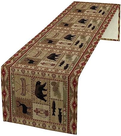 Vintage Rustic Cabin Bear Table Runner,Cottage Country Style Pine Tree Elk Wildlife Dinner Runner for Home Kitchen Dining Table Decoration 13"x36"