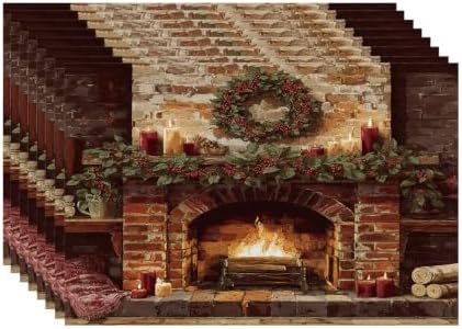 Batmerry Vintage Christmas Linen Placemats Set of 8, Cozy Fireplace Scene Washable Table Mats for Kitchen Table Thickened Heat Insulation Dining Set Indoor Outdoor 12X18 in