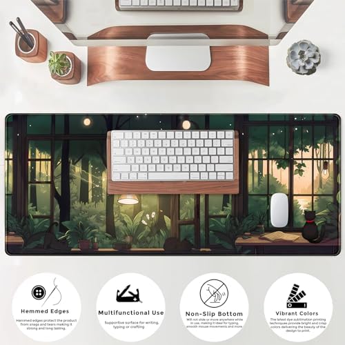 Cute Lofi Desk Mat Green Plants Mouse Pad Large Black Cat Aesthetic Desk Pad Kawaii Anime Extended Gaming Mousepad XL Laptop Keyboard Mouse Mat Deskmat 31.5"x11.8" Cute Office Decor