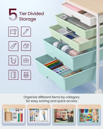 VASAGLE Rolling Cart with Drawers,5 Drawers Storage Cart, Green and White