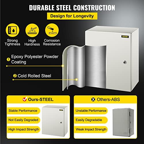 VEVOR NEMA Steel Enclosure, 20 x 16 x 8'' NEMA 4X Steel Electrical Box, IP66 Waterproof & Dustproof, Outdoor/Indoor Electrical Junction Box, with Mounting Plate