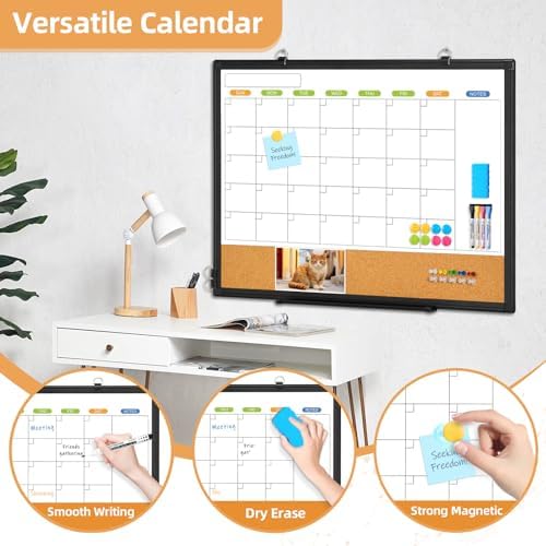 Calendar Whiteboard for Wall, 36" x 24" Dry Erase Month White Board Black