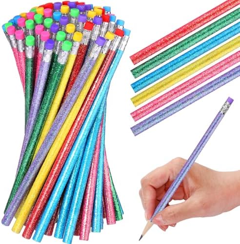 TecUnite 60 Pcs HB Pencils #2 Unsharpened Wood Cased Pencils with Eraser Hexagonal Pencil Cute Graphite No 2 Pen for Adults Gifts Exam School Office Sketching Learning (Glitter Series)