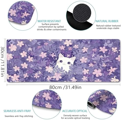 LIMKRIAN Cat Purple Mouse Pad Large Desk Mat 31.5x11.8 in