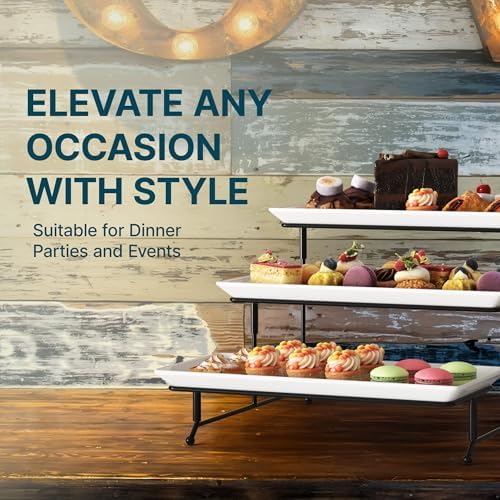 Gibson Elite Gracious Dining 3-Tier Serving Display Stand, Rectangular White Porcelain Plates, Tiered Serving Display - Elegant Food Presentation Display for Parties, Catering, Entertaining Events