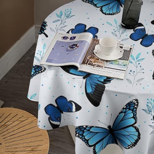 Blue Flying Butterfly Tablecloth, Vintage Celestial Butterfly Herbs Leaves Flower Print Table Cloth for Farmhouse Kitchen Party Picnic Dinner Decor, 50x50in