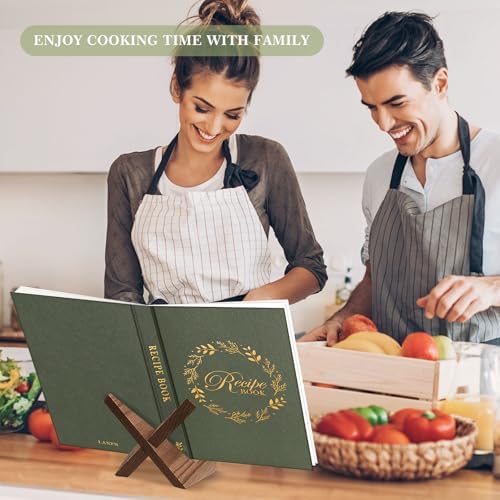 Lanpn B5 Blank Recipe Book Cookbook to Write in Your Own Recipes, Leather Cover Waterproof Empty Cooking Journal for 70 Recipes, Recipe Notebook with Stickers to Organize Your Family Recipes, Green