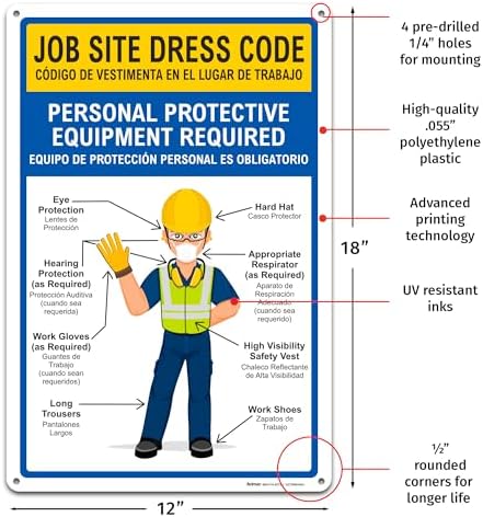 BRIMAR Bilingual Job Site Dress Code PPE Safety Sign, 12 X 18 in