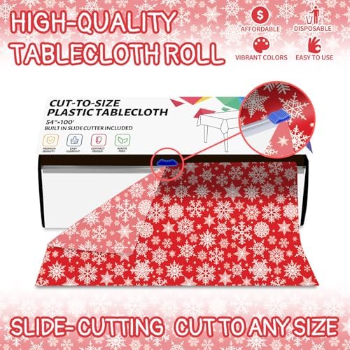 CXPSINC 54 Inch X 100 Feet Plastic Table Cover Roll Disposable Tablecloth with Slide Cutter for All Type/Shape Tables | Party, Banquet, Birthdays, Weddings(Christmas Red Snowflake, 100 Feet)