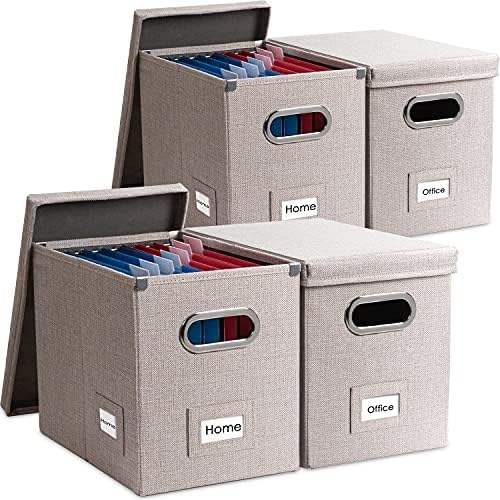 PRANDOM File Organizer Box - Set of 4 Collapsible Decorative Linen Filing Storage Hanging File Folders with Lids Office Cabinet Letter Size Light Grey (14x9.3x10.8 inch)