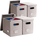 PRANDOM File Organizer Box - Set of 4 Collapsible Decorative Linen Filing Storage Hanging File Folders with Lids Office Cabinet Letter Size Light Grey (14x9.3x10.8 inch)