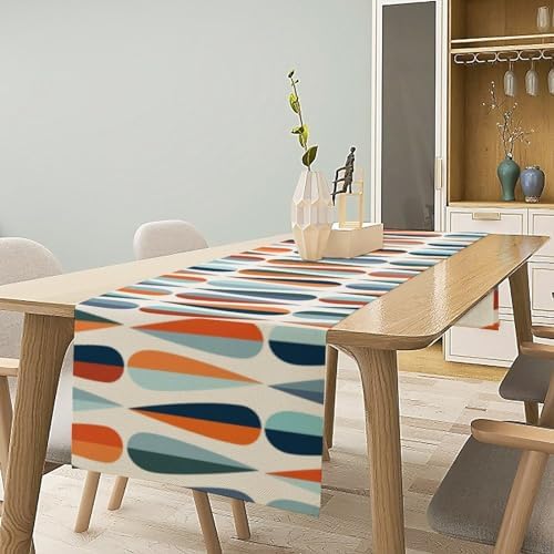 Mid Century Modern Table Runner Retro Blue Orange Grey Water Droplets Geometric Table Runner for Kitchen Dining Room Dining Table Decoration 13x36in