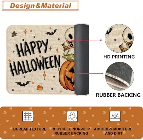 Baccessor Halloween Kitchen Rugs Set of 2, Spooky Pumpkin Ghost Cat Bat Kitchen Mats Low-Profile Non Slip Washable Rugs for Floor Home Decor 17x29 and 17x47 Inch