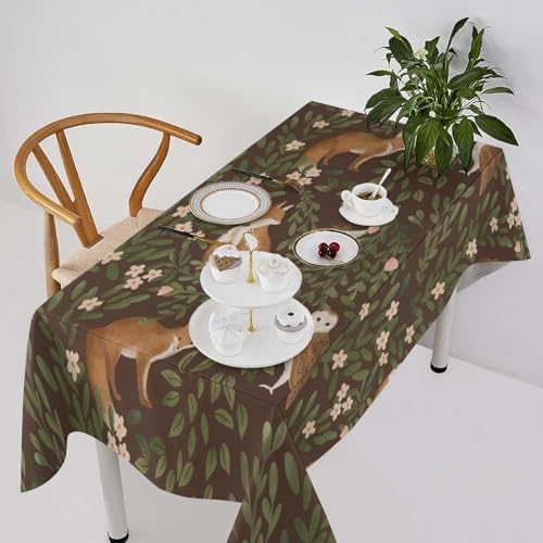 Woodland Animals Tablecloth, Rustic Forest Fox Owl Bird Green Plants Leaves Print Table Cover for Farmhouse Kitchen Dinning Indoor Outdoor Party Decor 60x120in