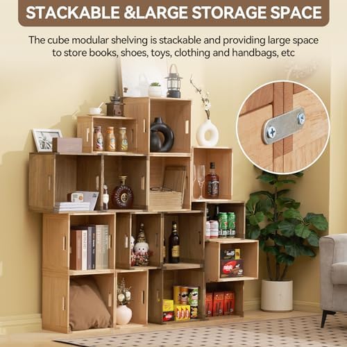 KIRIGEN Stackable Wood Storage Cube with Handles, Open Cubby Bin, Natural