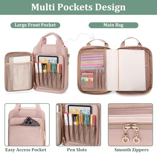 Teamoy Journal Supplies Storage Case, Planner Bag with Pen Slots, Pink