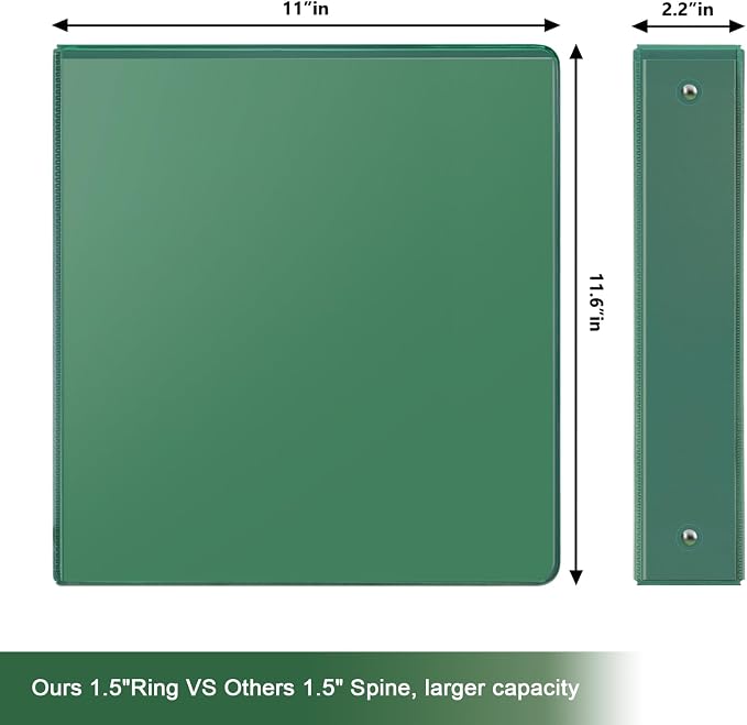 COMIX Sturdy 1.5 Inch 3 Ring Binder with Clear View Cover | 1.5"Heavy Duty Round Ring,PVC-Free Board,Holds 300 Letter Sheets,Wholesale for Offices & Classrooms,6 Pack (Green)