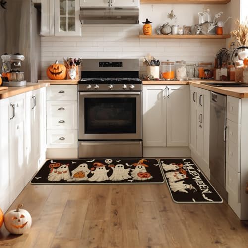 Artoid Mode Ghost Bat Black Halloween Kitchen Mats Set of 2-17x29+17x47