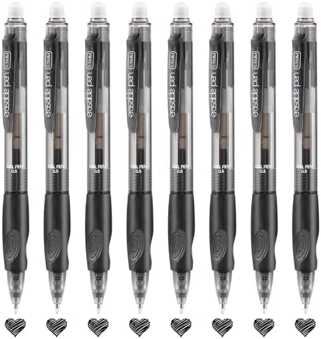 USUAL Retractable Erasable Gel Pens, 0.5mm Fine Point, 8 Black Ink Pens, Make Mistakes Disappear, Smooth Writing for Office & Back-to-School Supplies