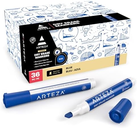 ARTEZA Dry Erase Markers, Bulk Pack of 36 Blue Whiteboard Markers with Chisel Tip, Low-Odor, Quick-Drying Ink for Office, Meeting Rooms & Home Use