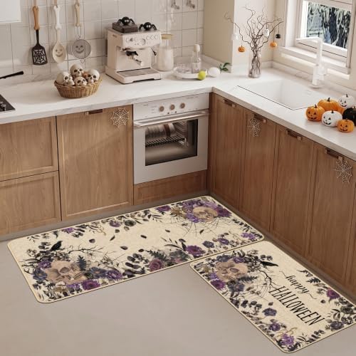 Baccessor Halloween Kitchen Mats Set of 2, Skull Gothic Purple Floral Kitchen Rugs for Floor Low-Profile Farmhouse Fall Halloween Party Home Decor 17x29 and 17x47 Inch