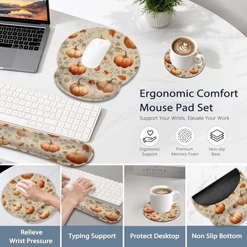 Pumpkin Wrist Rest Support for Mouse Pad Keyboard Set, Autumn Maple Leaves Mouse Pad with Non Slip Rubber Base for Home and Office Typing Support