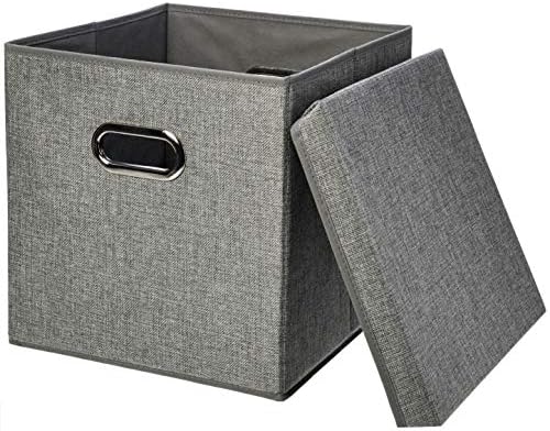 Amazon Basics Foldable Burlap Cloth Cube Storage Bins with Lid, Collapsible Organizing Containers, Stackable and Sturdy, Gray, Set of 2