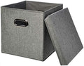 Amazon Basics Foldable Burlap Cloth Cube Storage Bins with Lid, Collapsible Organizing Containers, Stackable and Sturdy, Gray, Set of 2