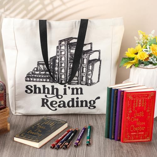 Fulmoon 10 Set Christmas Book Club Gifts Bulk Book Lovers Canvas Tote Bags with Notebooks Ballpoint Pens for Bookish Librarian Reader Women Gifts
