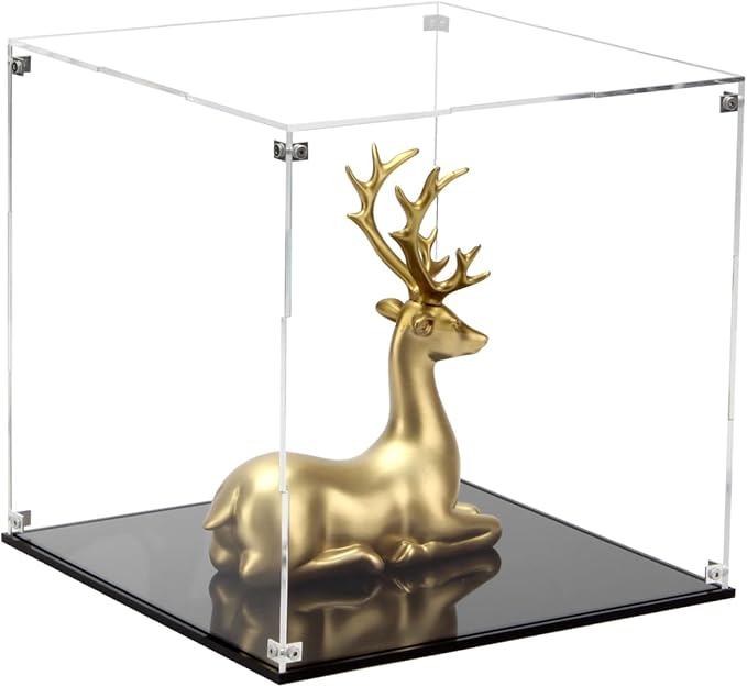 9x9x9Inch Clear Self-Assembly Acrylic Boxes for Display | Transparent Display Case with Black Base and Lid, Cube Countertop Storage Boxes Glass Case for Collectibles Models Figurine