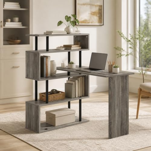 39.4 Wide 5-Tier Gaming Desk with S-Shape Book Shelf, L-Shape Computer Desk, Office Desk for Bedroom, Home Office, French Oak