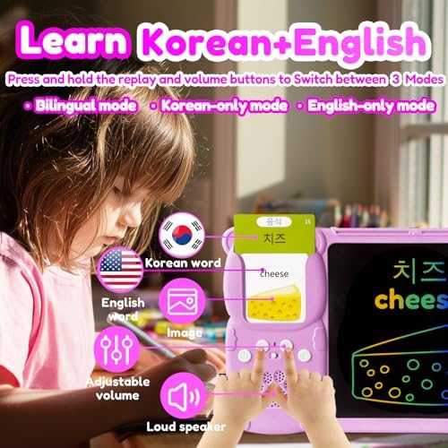 Writing Tablet with Bilingual Flash Cards for Kids, Korean, Pink