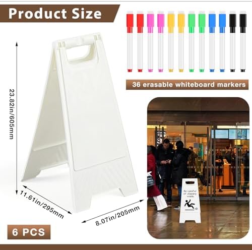 6 Pack a Frame Sandwich Board Sign with Dry Erase Surface, 24 x 12 Inch Double Sided Sidewalk Sign Chalkboard Easel Heavy Duty Plastic Dry Erase Poster Board for Outdoor Restaurant Cafe Menu (White)
