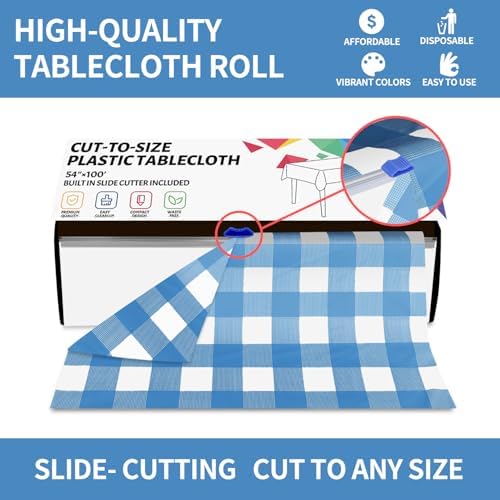 CXPSINC 54 Inch X 100 Feet Plastic Table Cover Roll Disposable Tablecloth with Slide Cutter for All Type/Shape Tables | Party, Banquet, Birthdays, Weddings(Blue Checkered, 100 Feet)