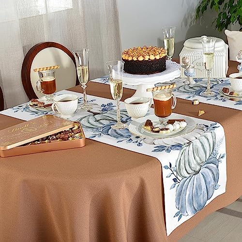 Fall Table Runner White Blue Pumpkin Table Runners Harvest Thanksgiving Blue Eucalyptus Leaves Cotton Linen Dresser Scarf Kitchen Dining Table Decor for Autumn Holiday Party Coffee 13x72 Inch