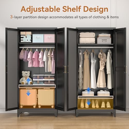 Polup Metal Armoire Wardrobe Closet with Mirror, 71" Tall Black Cabinet