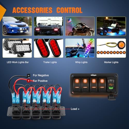 Nilight 4 Gang Rocker Switch Panel with PD Type C and USB Charger Voltmeter