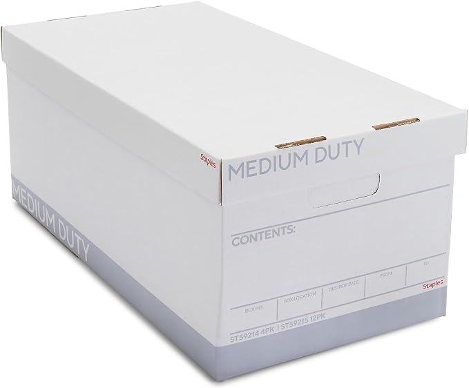 STAPLES Storage & Filing Box, Letter Size, Stackable, 12-Pack, White/Gray | Medium-duty boxes with handles and removable lid for document storage.