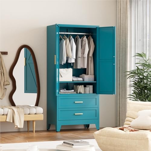 Washsemba 71'' Farmhouse Metal Wardrobe Cabinet with Hanging Rod, 2 Barn Door Wardrobe Closet with Adjustable Shelves,2 Drawer,for Dining Room,Bedroom,Living Room, Cloak Room,Office (Peacock Blue)