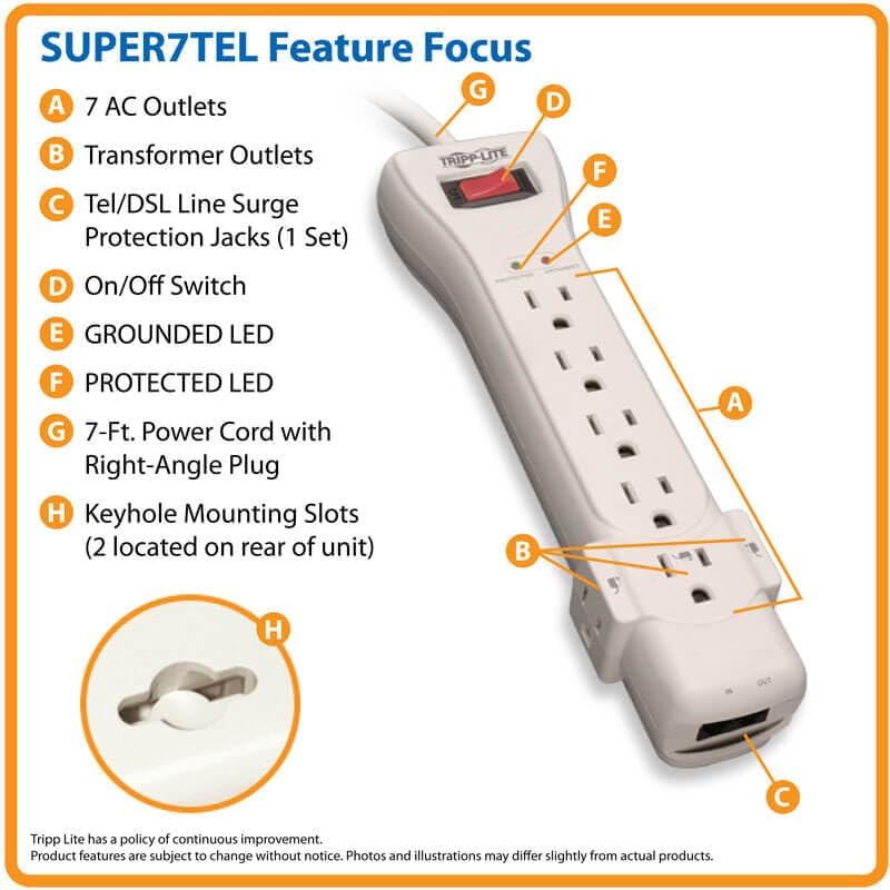 Tripp Lite 7 Outlet Surge Protector Power Strip, 7ft, Right-Angle Plug, Fax/Modem Protection, RJ11, $75,000 Insurance (SUPER7TEL), Gray, 10.3" x 2.8" x 1.5"