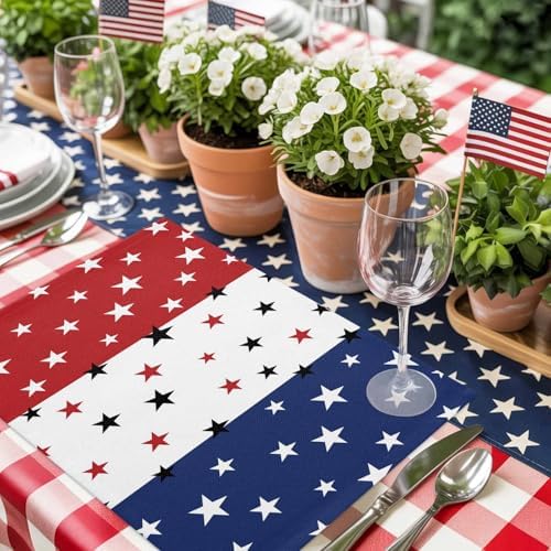July 4th Placemats Set of 4- Red White Blue Heat Resistant Placemat Washable Cotton Linen Summer Table Mats Independence Day Party Holiday Decorations for Home Kitchen Dining Table Outdoor Indoor