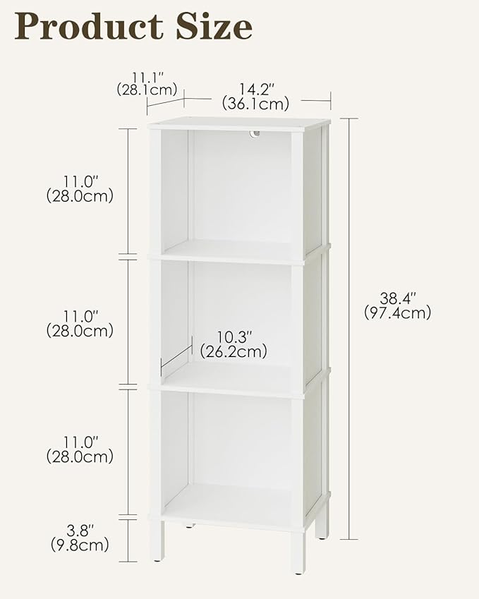 Bookshelf, Modern 3-Tier Bookcase, Open Storage Book Shelf, 11 × 14.2 × 38.9 Inches, Small Narrow Bookshelves for Living Room, Home Office, Bedroom, White