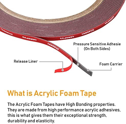 CANOPUS Double Sided Tape, 5952 Heavy Duty Mounting Tape, Strong Bond & Weatherproof Seal Strip for Automotive Mounting, Picture and Photo Frame, Poster, Craft, 0.125 in x 15 ft, Black, Made in USA
