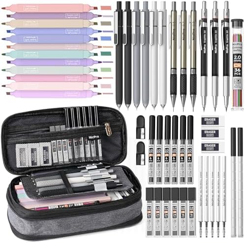 Nicpro School Supplies Stationary Set with Pencil Case, 50 PCS Black | Back to Schoo Supplies, Pen Case with 12 Highlighter, 5 Gel Pen, 6 Mechanical Pencil, Essentials for College, Nursing Student